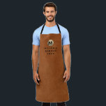 Barber Name Sable Leather Gold Monogram Apron<br><div class="desc">Professional apron features a modern design with brushed metallic gold monogram emblem on sable brown leather look textured background. </div>