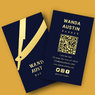 Barber Navy Blue And Gold Razor Qr Code Business Card