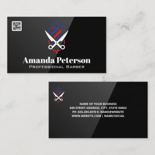 Barber Pole and Scissors Logo   QR Code Business Card
