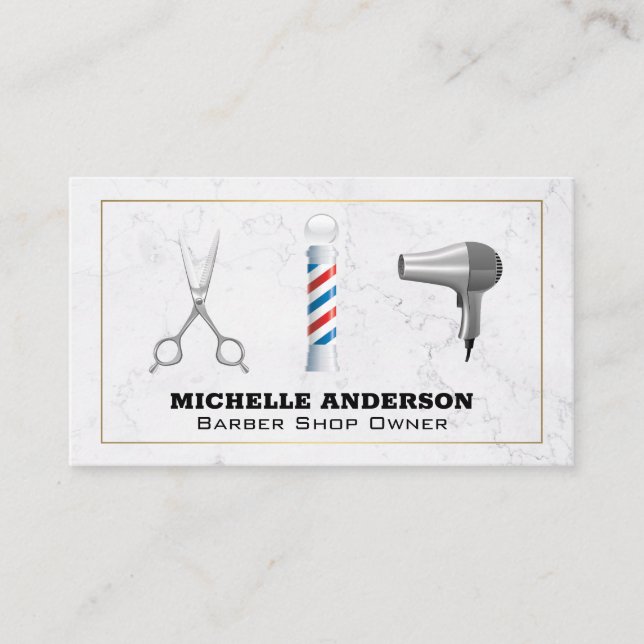 Barber Pole and Tools | Marble Business Card (Front)