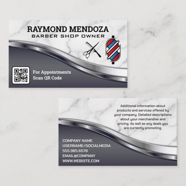 Barber Pole and Tools | Metal and Marble | QR Business Card (Front/Back)