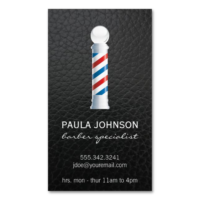 Barber Pole Appointment Leather Background Magnetic Business Card (Front Vertical)