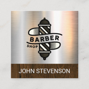 Barber Pole   Barber Shop   Metallic Brushed Wood Square Business Card