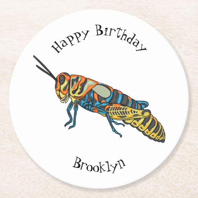 Barber pole grasshopper cartoon illustration  round paper coaster (Front)