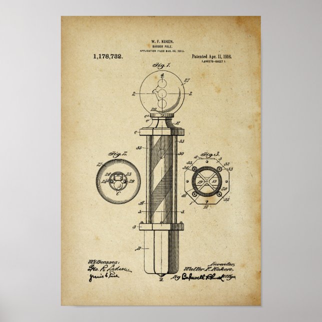 Barber Pole Illustrations Patent Print Poster (Front)