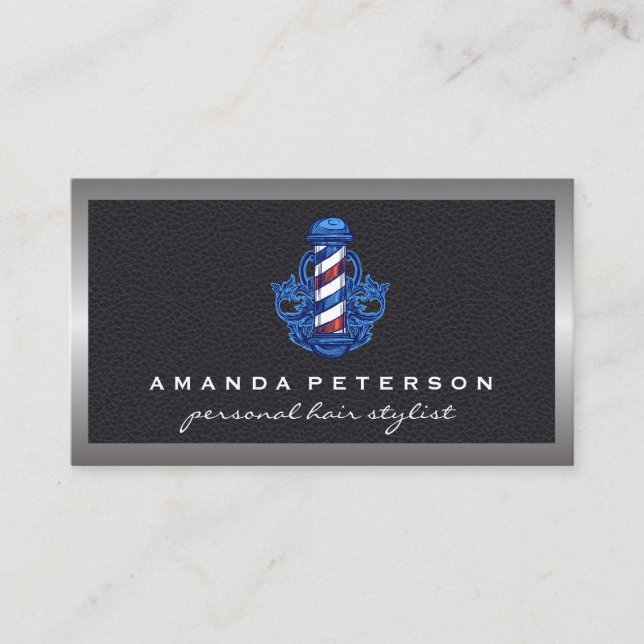 Barber Pole Logo | Leather Business Card (Front)