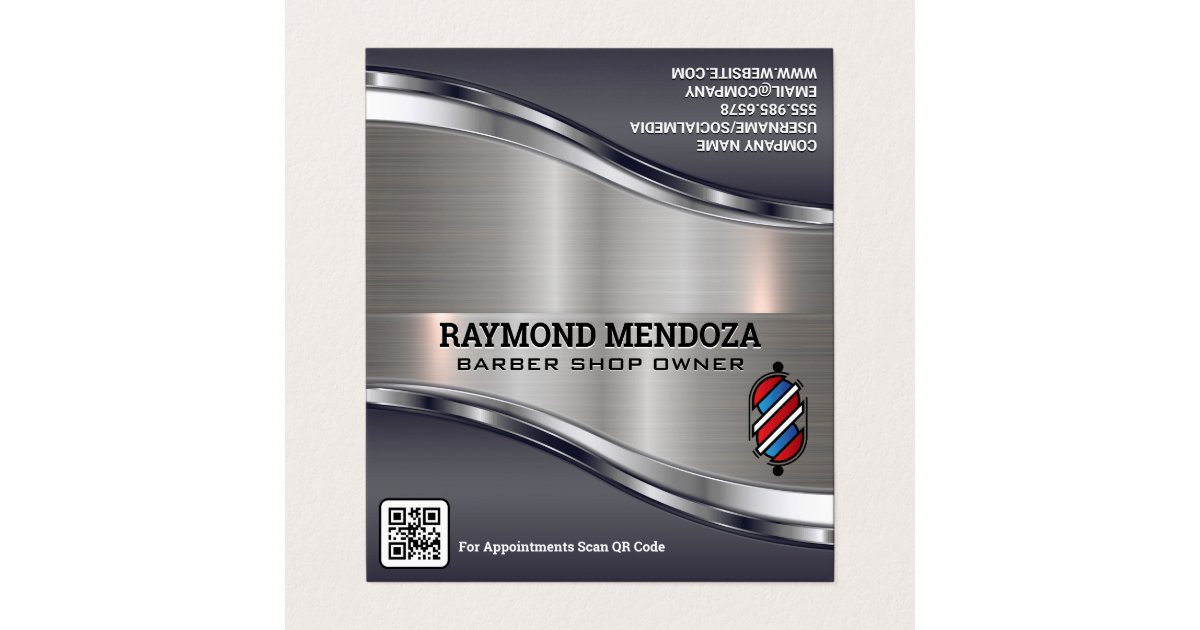 Barber Pole Logo | QR Code | Metallic Sleek Business Card | Zazzle