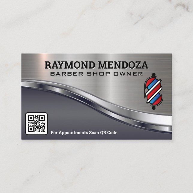 Barber Pole Logo | QR Code | Metallic Sleek Business Card (Front)
