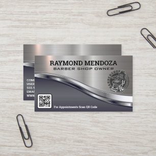 Barber Pole Logo   QR Code   Metallic Sleek Business Card