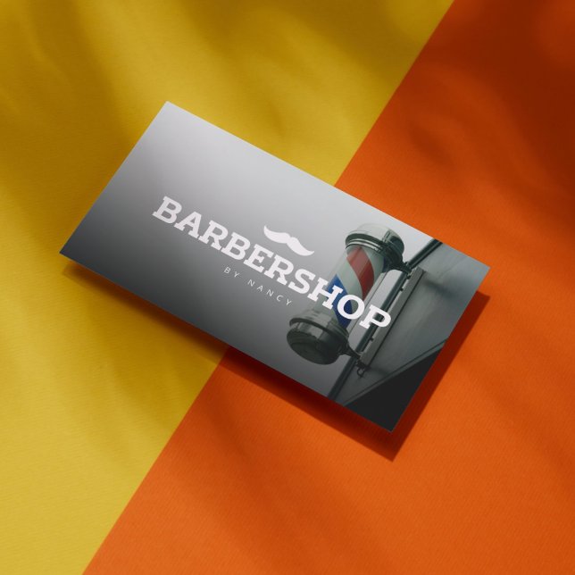 Barber Pole Photo And Moustache Logo Barbershop  Business Card (Creator Uploaded)