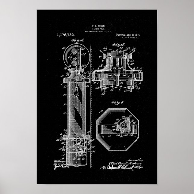 Barber Pole Poster Patent Illustrations black (Front)