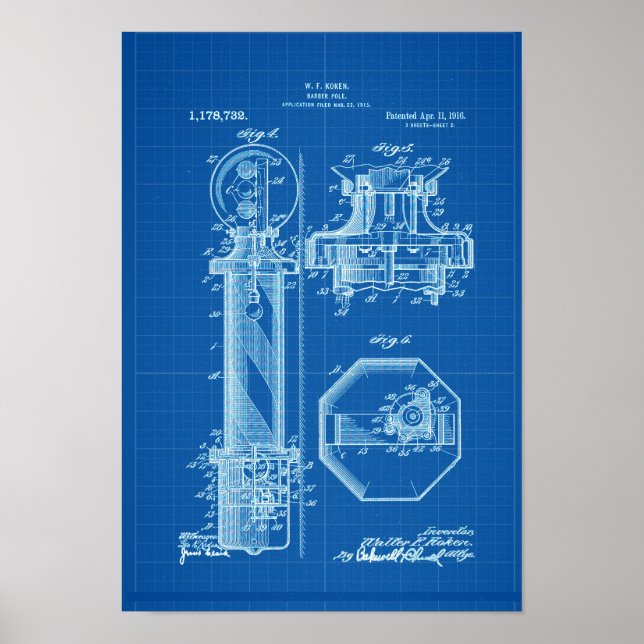 Barber Pole Poster Patent Illustrations BluePrint (Front)