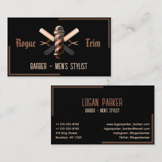 Barber Pole Razor Scissors Black Rose Gold Business Card