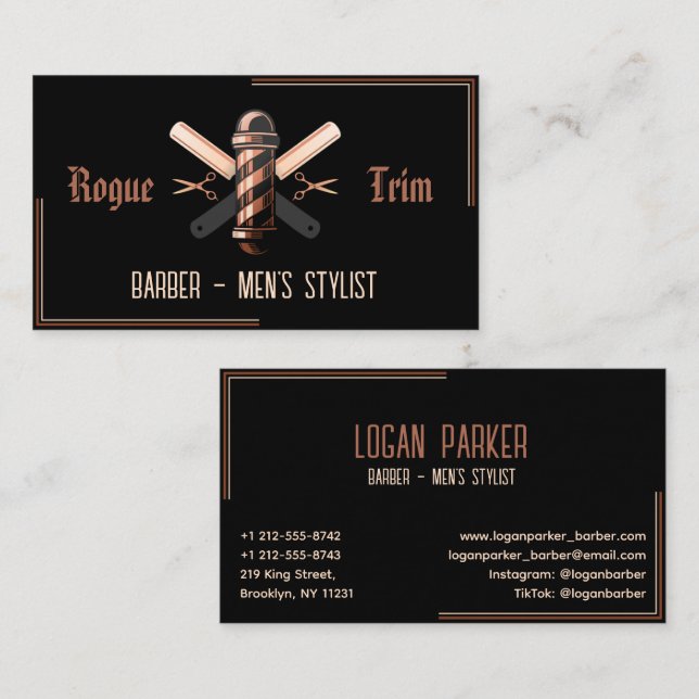 Barber Pole Razor Scissors Black Rose Gold Business Card (Front/Back)