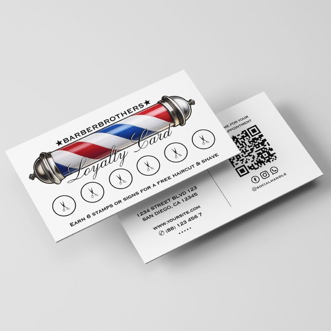 Barber Pole Red White Blue Scissors Loyalty Business Card (Barber Pole Red White Blue Loyalty Business Card
)