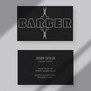 Barber professional silver script scissors black business card