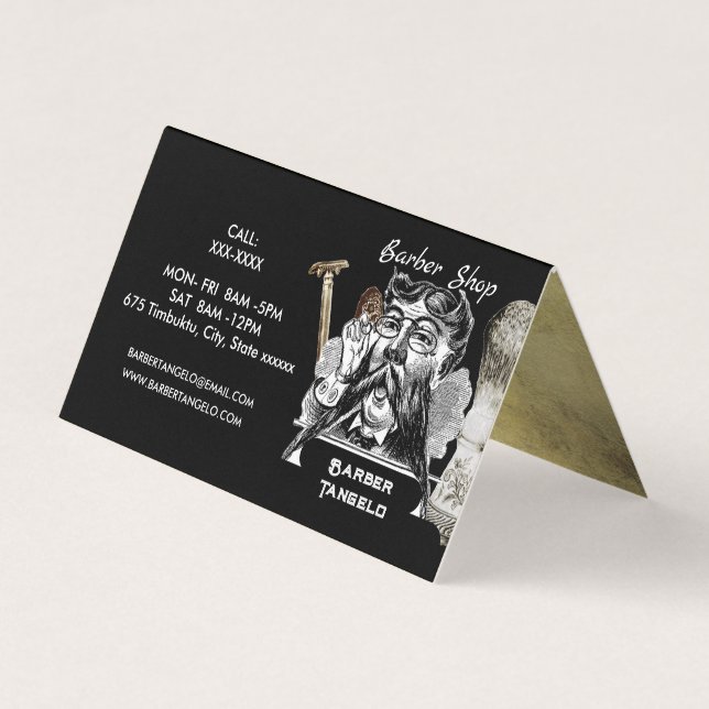 Barber Razor & Gold Black Professional Folded Business Card (Front)