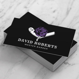 Barber Razor & Purple Rose Barbershop Black Hair Business Card