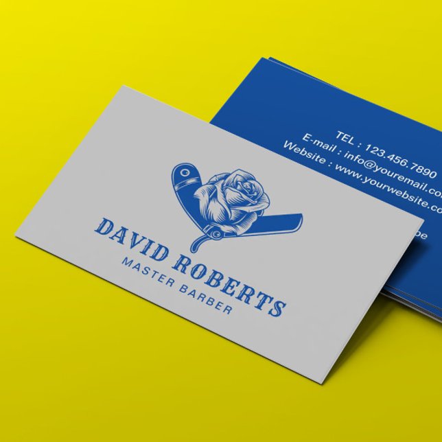 Barber Razor & Rose Barbershop Royal Blue Hair Business Card (Creator Uploaded)