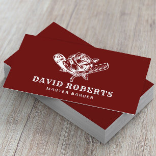 Barber Razor & Rose Logo Barbershop Dark Red Business Card