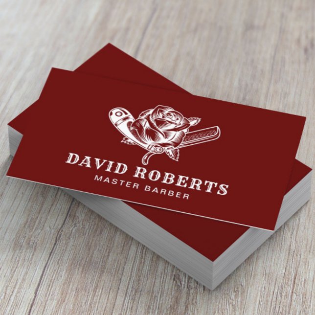 Barber Razor & Rose Logo Barbershop Dark Red Business Card (Creator Uploaded)