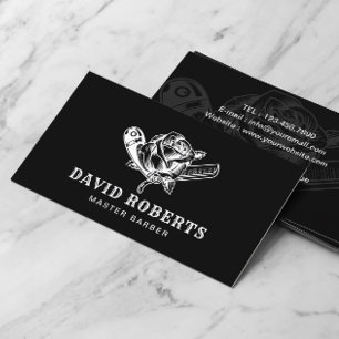 Barber Razor & Rose Logo Barbershop Plain Black Business Card