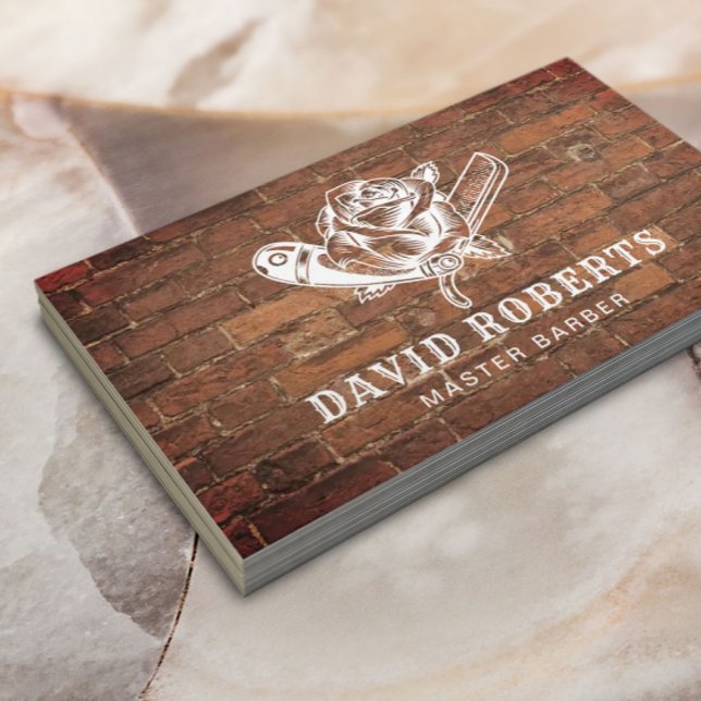 Barber Razor & Rose Logo Barbershop Red Brick Hair Business Card (Creator Uploaded)