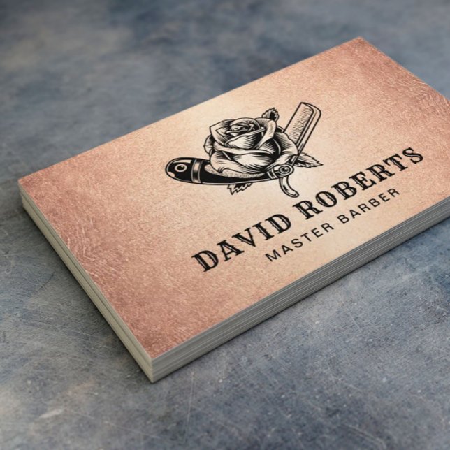 Barber Razor & Rose Logo Barbershop Rose Gold Hair Business Card (Creator Uploaded)