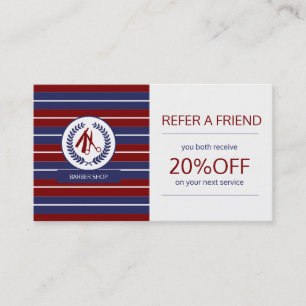 Barber red navy white logo striped modern referral card