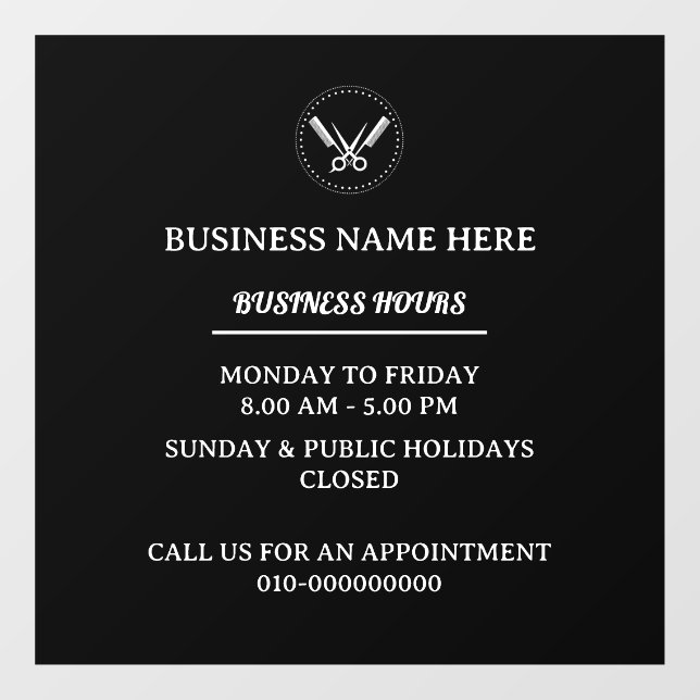 Barber Salon Business Hours Store Opening Hours  Window Cling (Sheet)