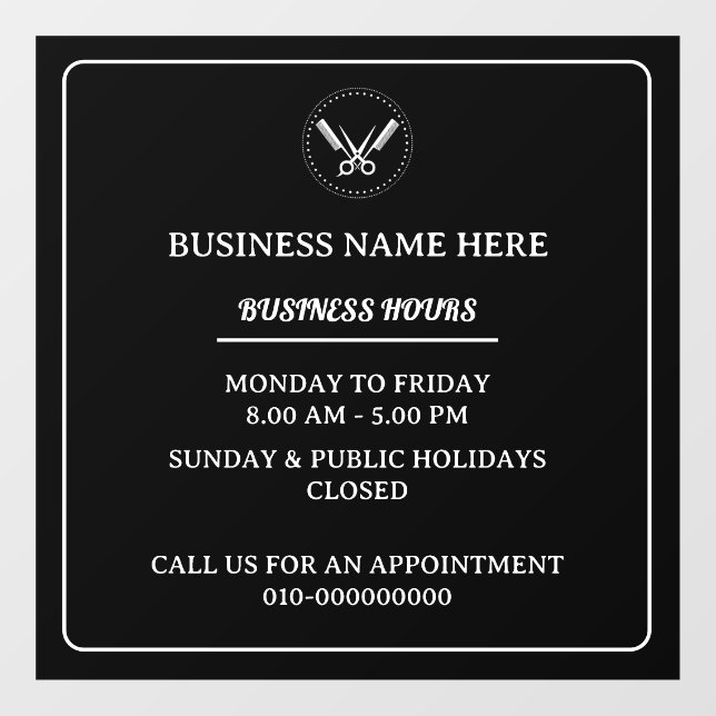 Barber Salon Business Hours Store Opening Hours  Window Cling (Sheet)