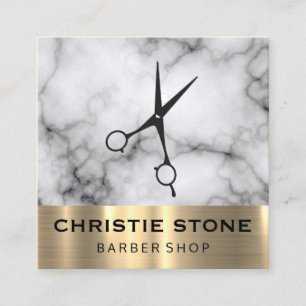 Barber Salon Shears Marble Gold Trim Square Business Card