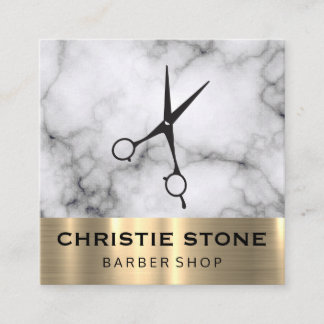 Barber Salon Shears Marble Gold Trim Square Business Card