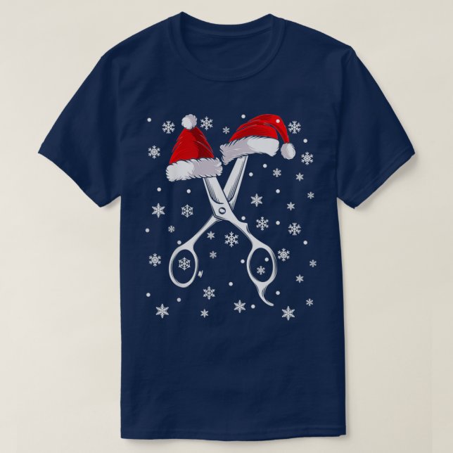 Barber Scissor Santa Hat Funny Barbershop Christma T-Shirt (Design Front)