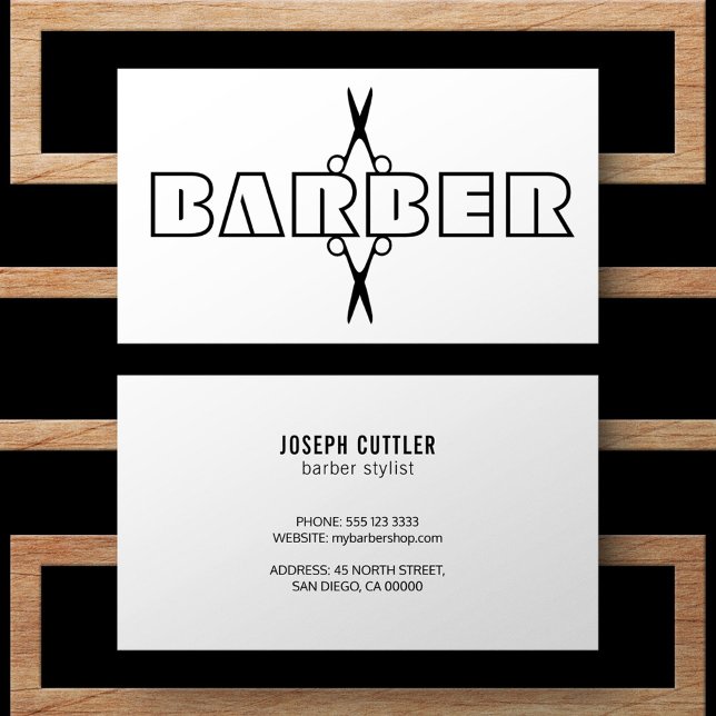 Barber script modern black and white scissors business card (Creator Uploaded)