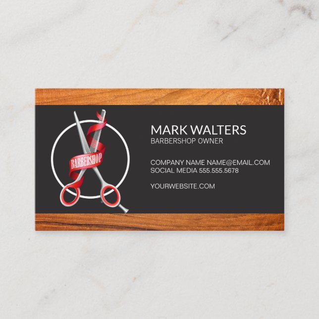 Barber Shop | Barber Pole | Wood | Barber Scissors Business Card (Front)
