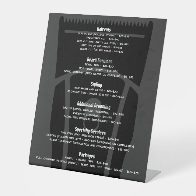 Barber Shop Barbershop Price List Service Menu  Pedestal Sign (Front)
