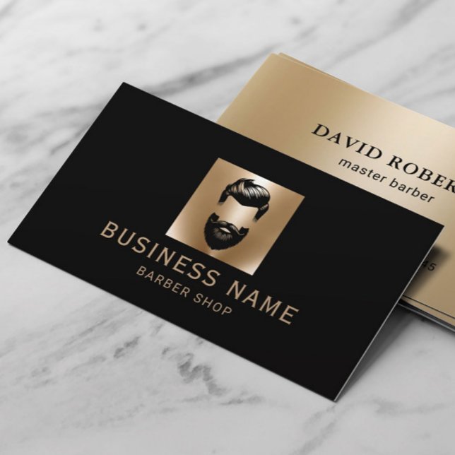 Barber Shop Beard Man Hair Stylist Black & Gold Business Card (Creator Uploaded)