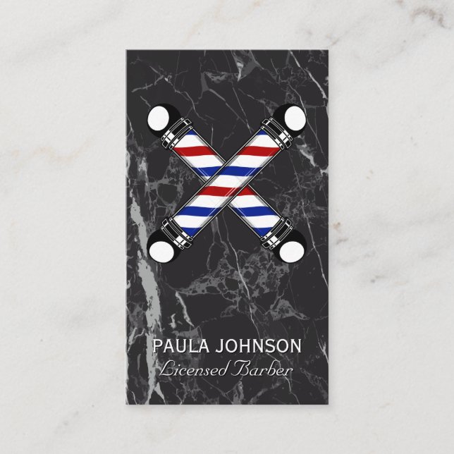 Barber Shop | Black Marble | Barber Poles Business Card (Front)