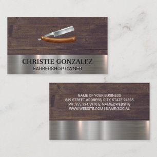 Barber Shop Blade   Metal and Wood Business Card