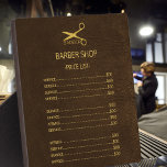 Barber shop brown leather look service menu plaque<br><div class="desc">Luxury exclusive pricelist template plaque for a barber hairstylist shop with faux gold script on a dark brown leather looking background. Please note that the leather texture is PRINTED.</div>