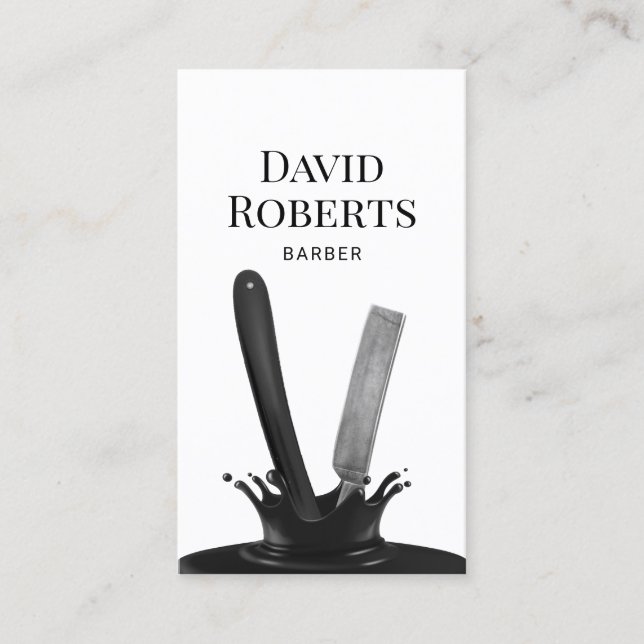 Barber Shop Creative Splash Straight Razor Hair Business Card (Front)