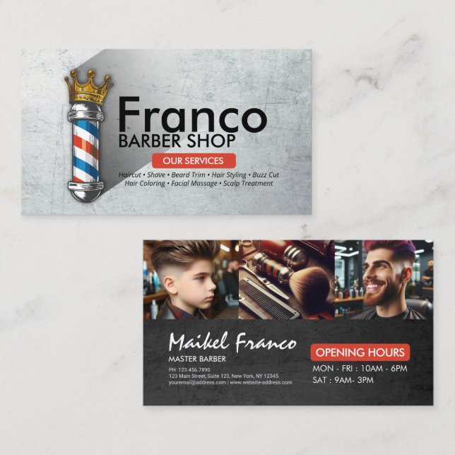 Barber Shop Crown Barber Pole Hair Salon PHOTO Business Card (Front/Back)