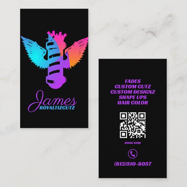 Barber Shop Crown Wings Neon Logo Professional Business Card (Front/Back)