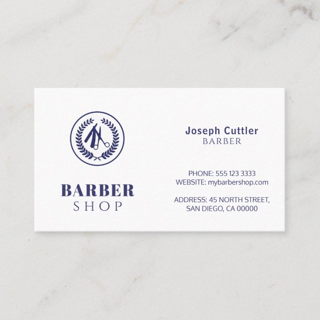 Barber shop custom logo simple modern navy white business card (Front)