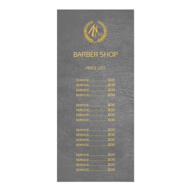 Barber shop dark grey leather look price list rack card (Front)