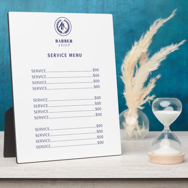 Barber shop elegant white and navy menu price list plaque (Side)
