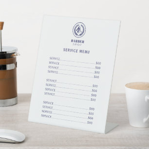 Barber shop elegant white and navy service menu pedestal sign