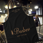 Barber shop employee personalised black and gold apron<br><div class="desc">Trendy modern elegant salon and barbershop employee hairstylist name black apron with gold copper bold typography script with scissors and pole.              Suitable for barber shop men grooming salon,  professional hairstylist.                       Perfect choice for an elegant stylish professional look.                      Please note that the background colour can be changed.</div>