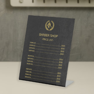 Barber shop faux black leather price list services pedestal sign